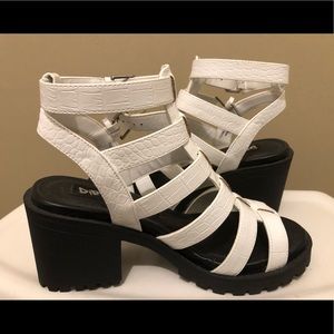 White dirty laundry sandals with a chunky heel
